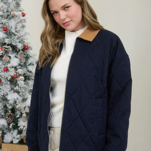 NAVY CORDUROY COLLAR QUILTED ZIP-UP JACKET