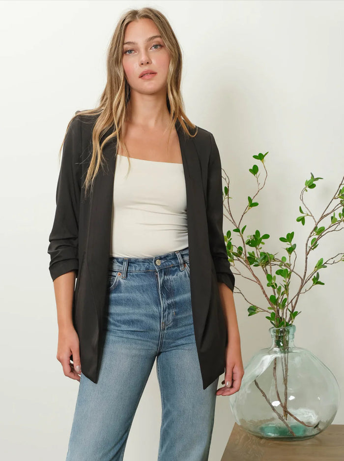 BLACK COLLARLESS 3/4 RUCHED SLEEVE LONGLINE BLAZER