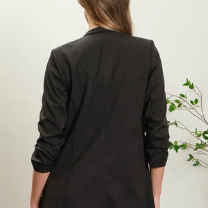 BLACK COLLARLESS 3/4 RUCHED SLEEVE LONGLINE BLAZER