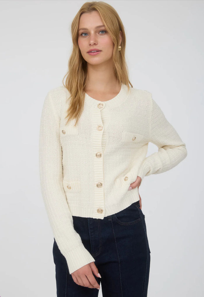 CREAM GOLD BUTTON DOWN POCKET DETAIL KNIT CARDIGAN