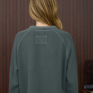 MOCK NECK HALF SNAP BUTTON LONG SLEEVE KNIT DENIM