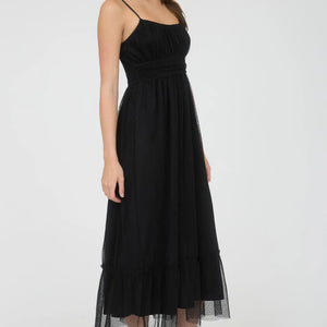 BLACK POLKA DOT TULLE SPAGHETTI STRAP MIDI DRESS