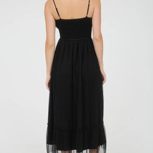 BLACK POLKA DOT TULLE SPAGHETTI STRAP MIDI DRESS