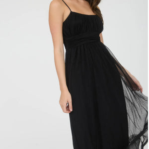 BLACK POLKA DOT TULLE SPAGHETTI STRAP MIDI DRESS