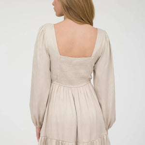 SQUARE NECK LONG SLEEVE RUFFLE TRIM MINI DRESS - CHAMPAGNE