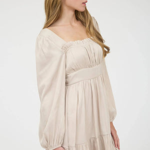 SQUARE NECK LONG SLEEVE RUFFLE TRIM MINI DRESS - CHAMPAGNE