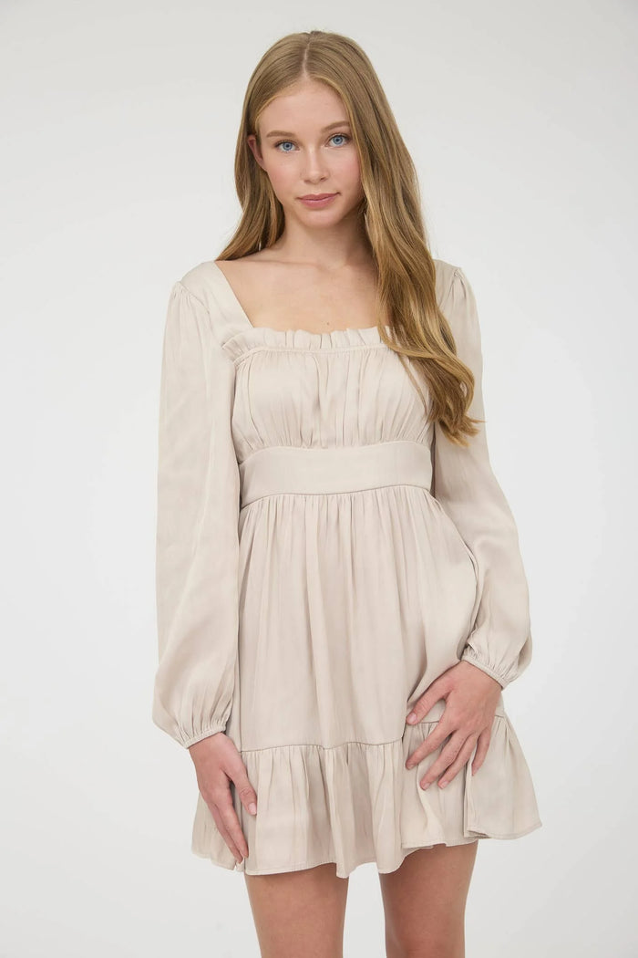 SQUARE NECK LONG SLEEVE RUFFLE TRIM MINI DRESS - CHAMPAGNE
