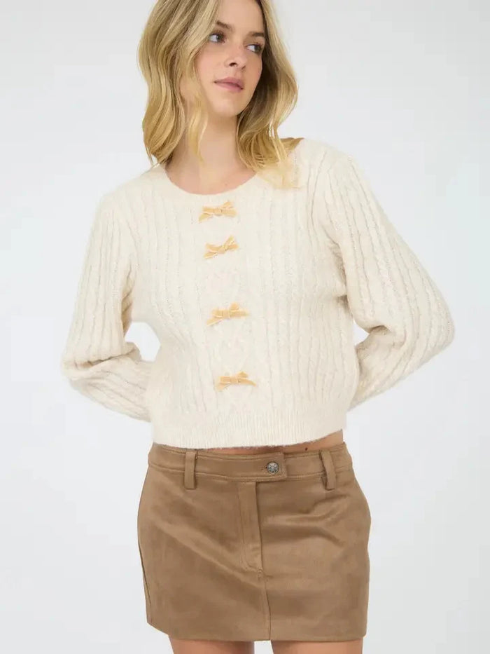 CABLE KNIT FRONT VELVET BOW DETAIL KNIT SWEATER - CREAM