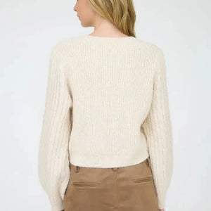 CABLE KNIT FRONT VELVET BOW DETAIL KNIT SWEATER - CREAM