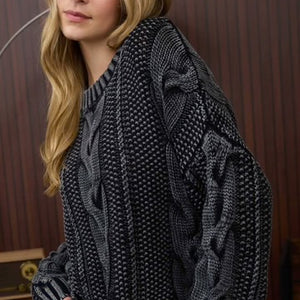 WASHED CABLE KNIT PULLOVER SWEATER - CHARCOAL