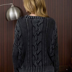 WASHED CABLE KNIT PULLOVER SWEATER - CHARCOAL
