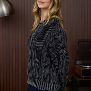 WASHED CABLE KNIT PULLOVER SWEATER - CHARCOAL