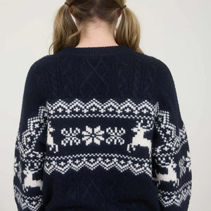 SNOWFLAKE DEER CABLE KNIT PULLOVER SWEATER NAVY