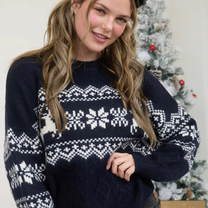 SNOWFLAKE DEER CABLE KNIT PULLOVER SWEATER NAVY