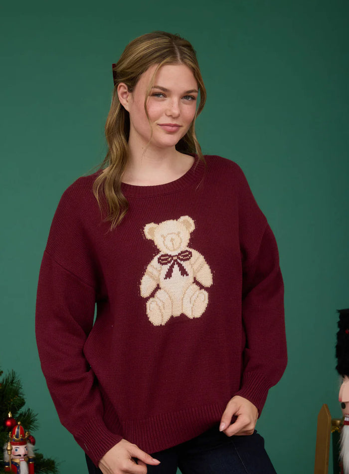 TEDDY JACQUARD CREW NECK KNIT PULLOVER SWEATER-BURGUNDY