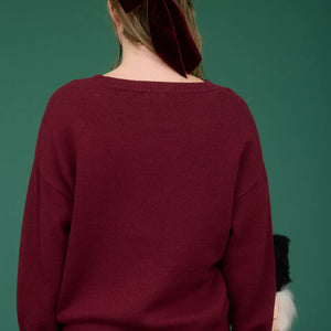 TEDDY JACQUARD CREW NECK KNIT PULLOVER SWEATER-BURGUNDY