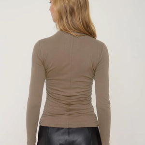 TAUPE RUCHED SIDE LONG SLEEVE KNIT TOP