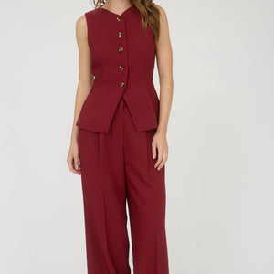 HIGH WAIST PLEATED WIDE LEG DRESS PANTS BURGUNDY