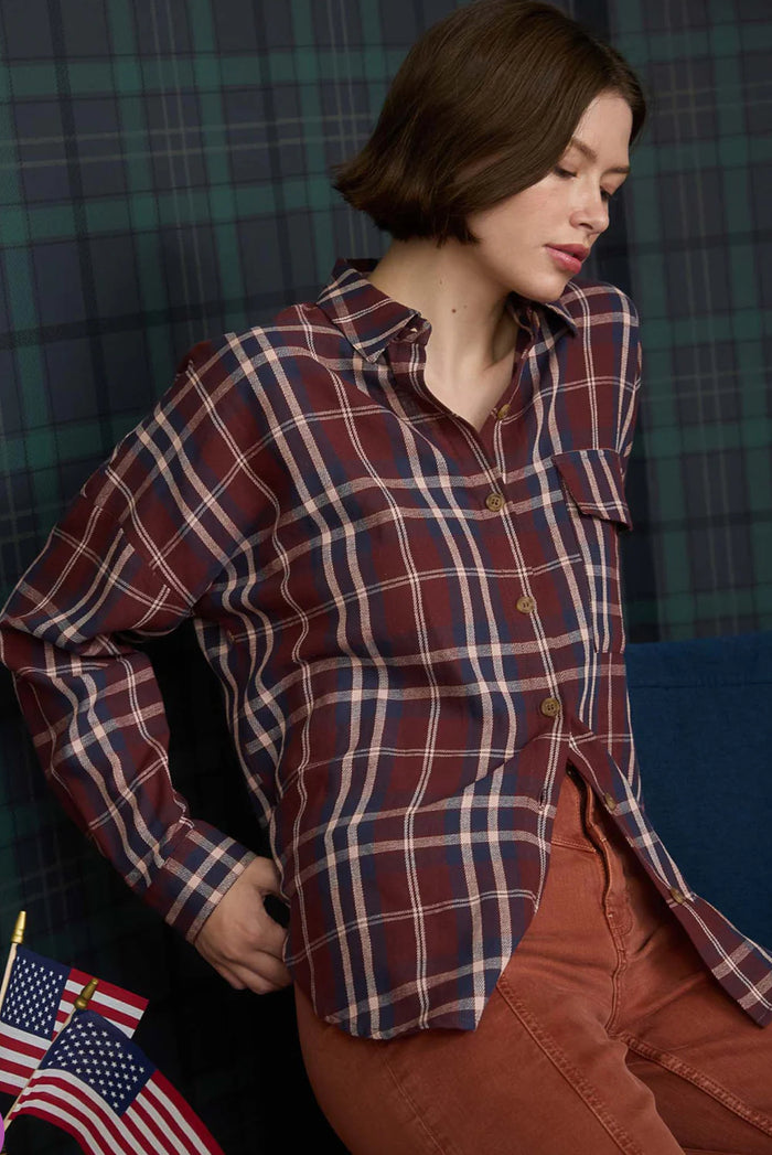 PLAID BUTTON DOWN POCKET DETAIL LONG SLEEVE SHIRT BURGUNDY