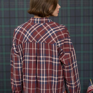 PLAID BUTTON DOWN POCKET DETAIL LONG SLEEVE SHIRT BURGUNDY