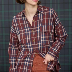 PLAID BUTTON DOWN POCKET DETAIL LONG SLEEVE SHIRT BURGUNDY