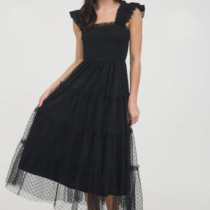 BLACK POLKA DOT CHIFFON SMOCKED TIERED MIDI DRESS