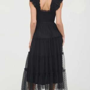 BLACK POLKA DOT CHIFFON SMOCKED TIERED MIDI DRESS