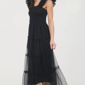 BLACK POLKA DOT CHIFFON SMOCKED TIERED MIDI DRESS
