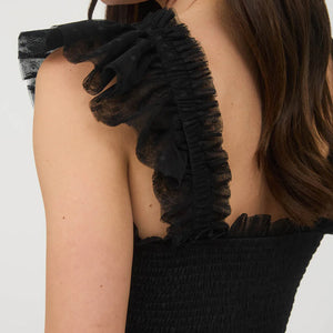 BLACK POLKA DOT CHIFFON SMOCKED TIERED MIDI DRESS