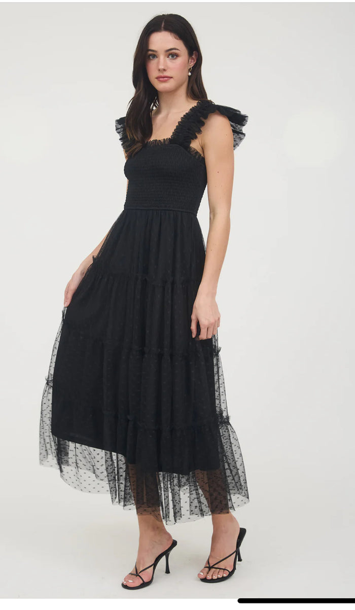 BLACK POLKA DOT CHIFFON SMOCKED TIERED MIDI DRESS