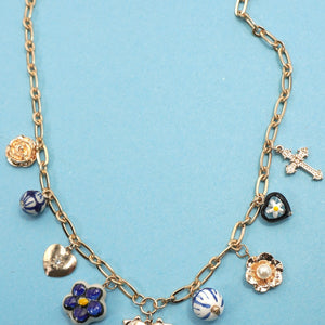 Blue Ceramic Porcelain Heart Cross Charm Necklace