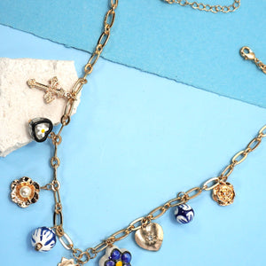 Blue Ceramic Porcelain Heart Cross Charm Necklace