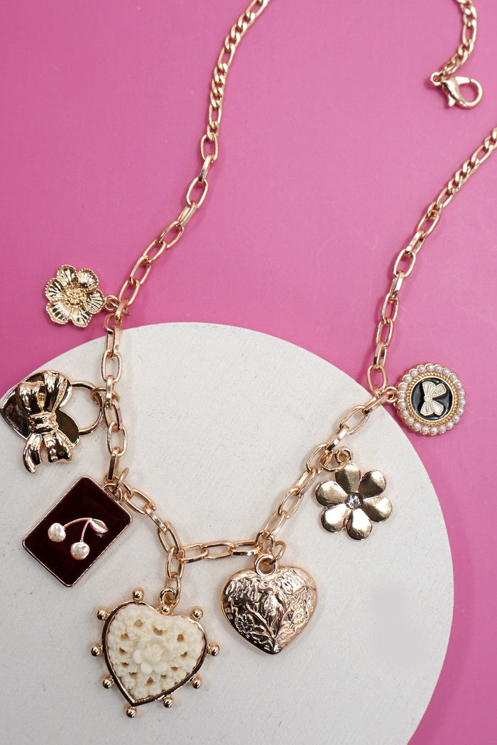 Charm Necklace-bow Cherry Heart Flower