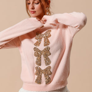 Sequins Bow Ribbon Embellished Holiday Sweater Top