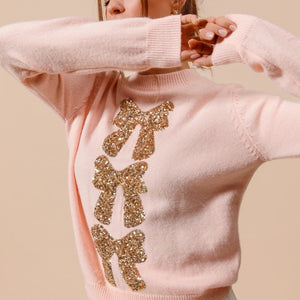 Sequins Bow Ribbon Embellished Holiday Sweater Top