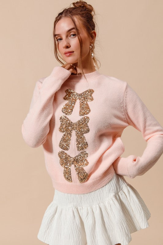 Sequins Bow Ribbon Embellished Holiday Sweater Top