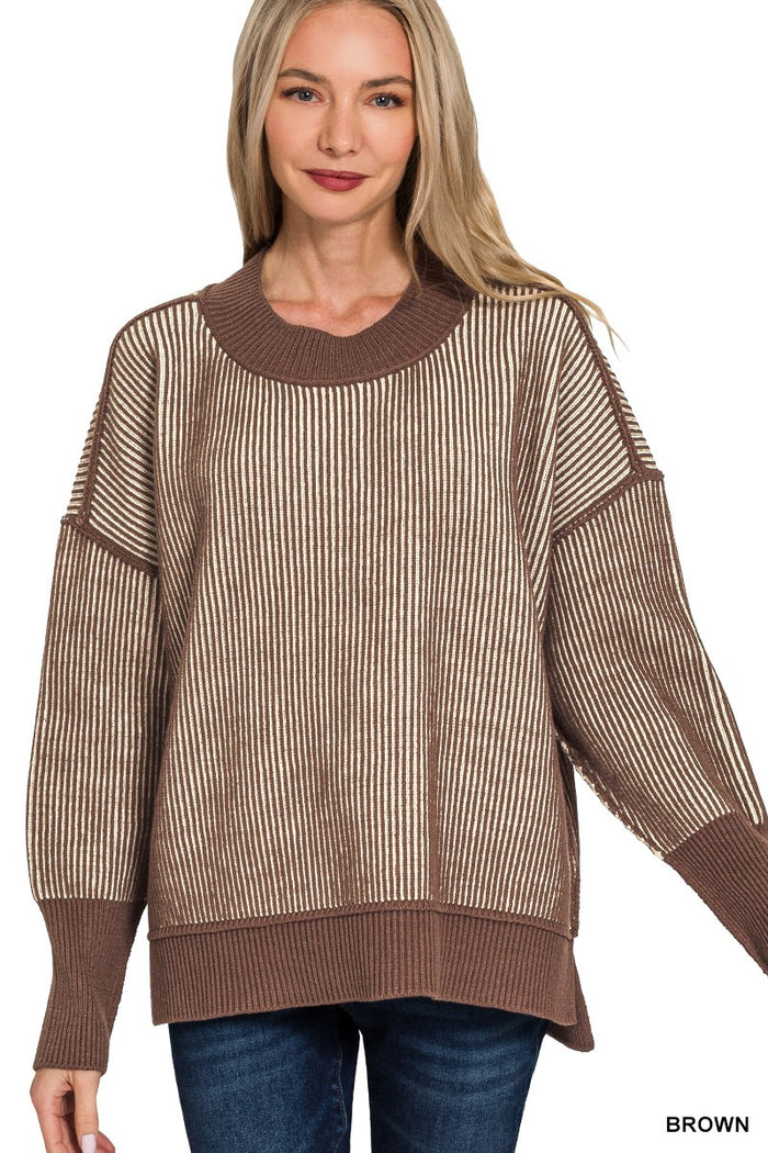 Brown Exposed Seam Two Tone Sweater