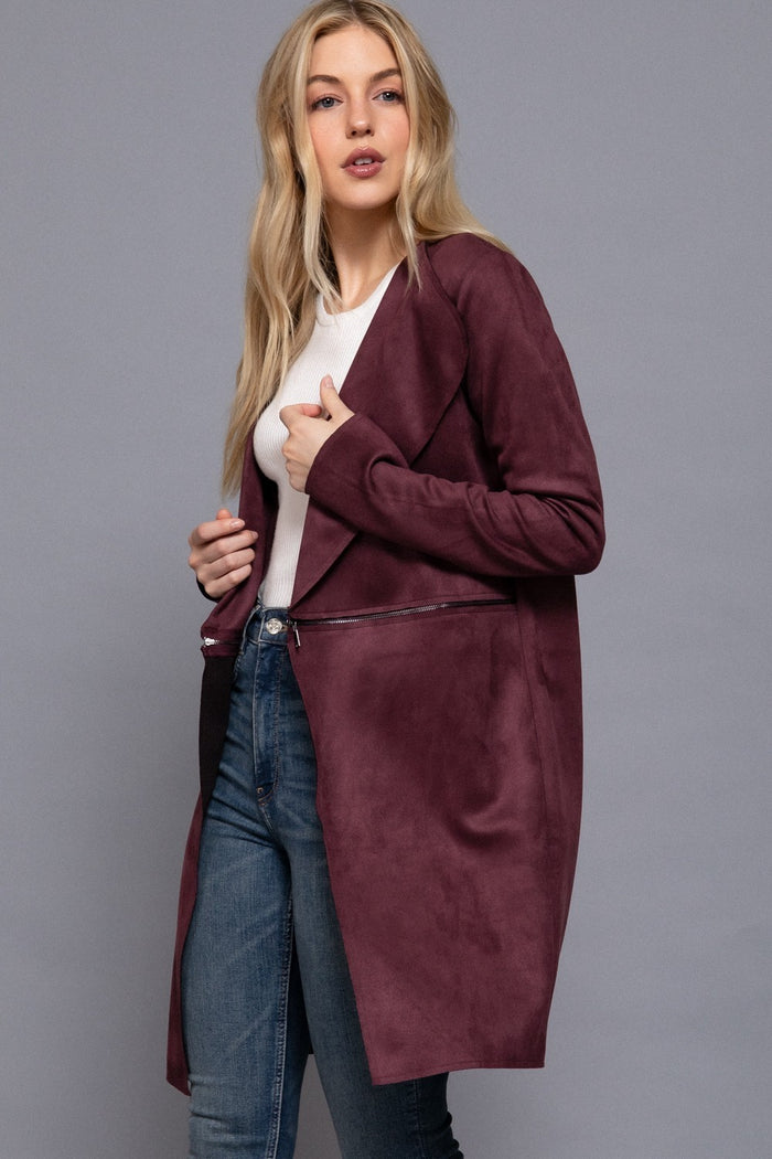 Burgundy Long Slv Faux Suede Long Jacket