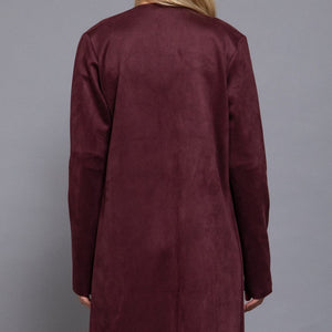 Burgundy Long Slv Faux Suede Long Jacket