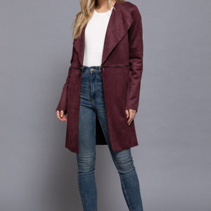 Burgundy Long Slv Faux Suede Long Jacket
