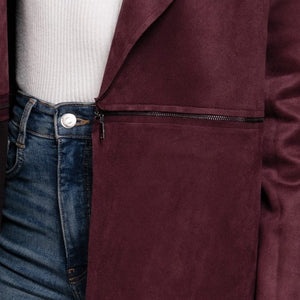 Burgundy Long Slv Faux Suede Long Jacket