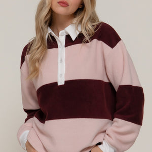 Burgundy/Pink Long Slv Rugby Stripe Fleece Polo Top