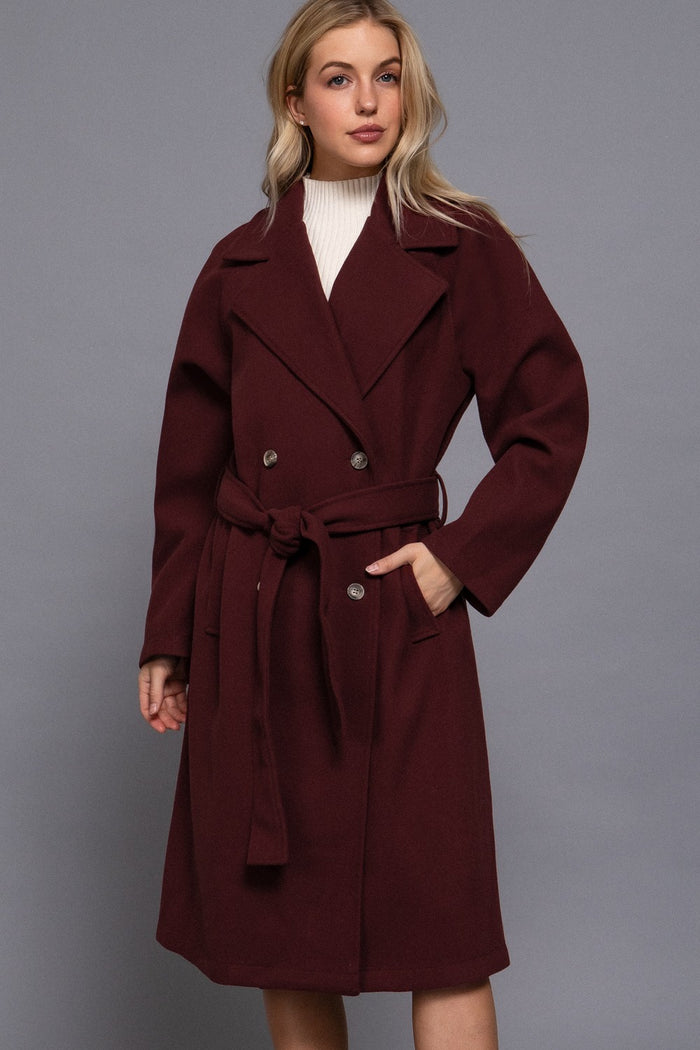 Burgundy Double Breasted Soft Felt Trench Coat