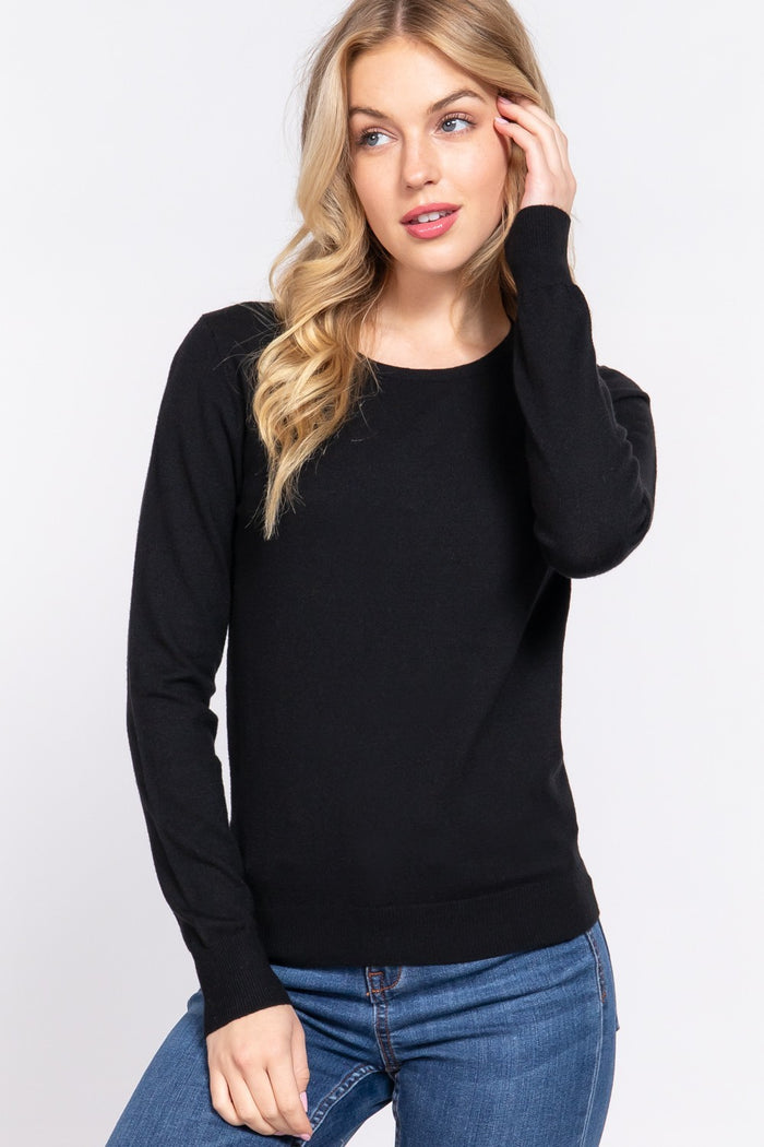Long Sleeve Crew Neck Basic Sweater, Black or White