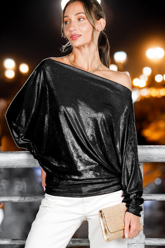 Dolman Long Sleeve Metallic Foil Knit Top