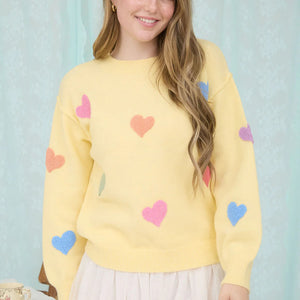 YELLOW MULTICOLOR HEART CREWNECK KNIT PULLOVER SWEATER