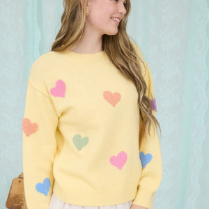 YELLOW MULTICOLOR HEART CREWNECK KNIT PULLOVER SWEATER