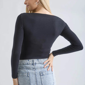 BOAT NECK PINTUCK DETAIL LONG SLEEVE KNIT TOP, BLACK