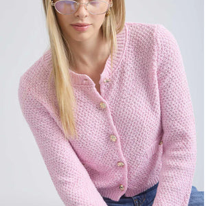 PINK MARLED GOLD BUTTON ROUND NECK KNIT CARDIGAN