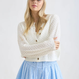IVORY EYELET KNIT PATTERN BUTTON DOWN CARDIGAN